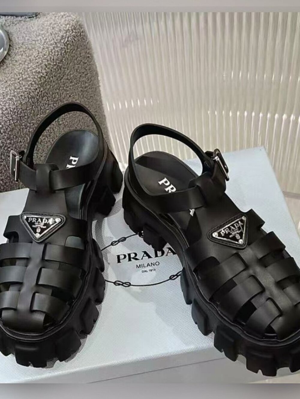 Prada Monolith Black Fisherman Cage Lug Sole Platform Sandals - Picture 4 of 6